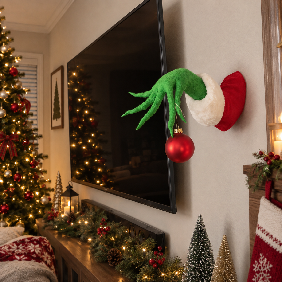 Christmas wall hand decoration beside television and Christmas tree